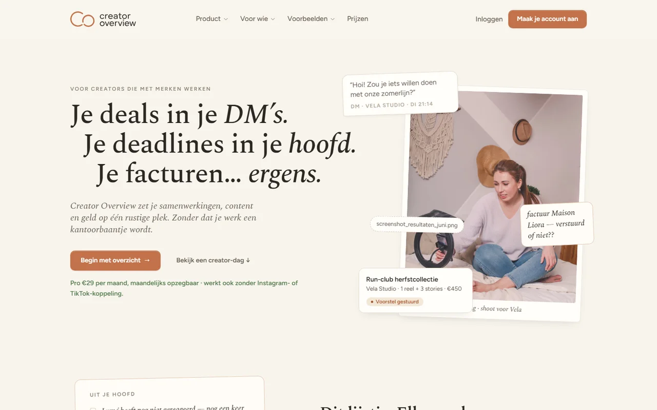 Website van Creator Overview, gebouwd door Nomi Webdesign